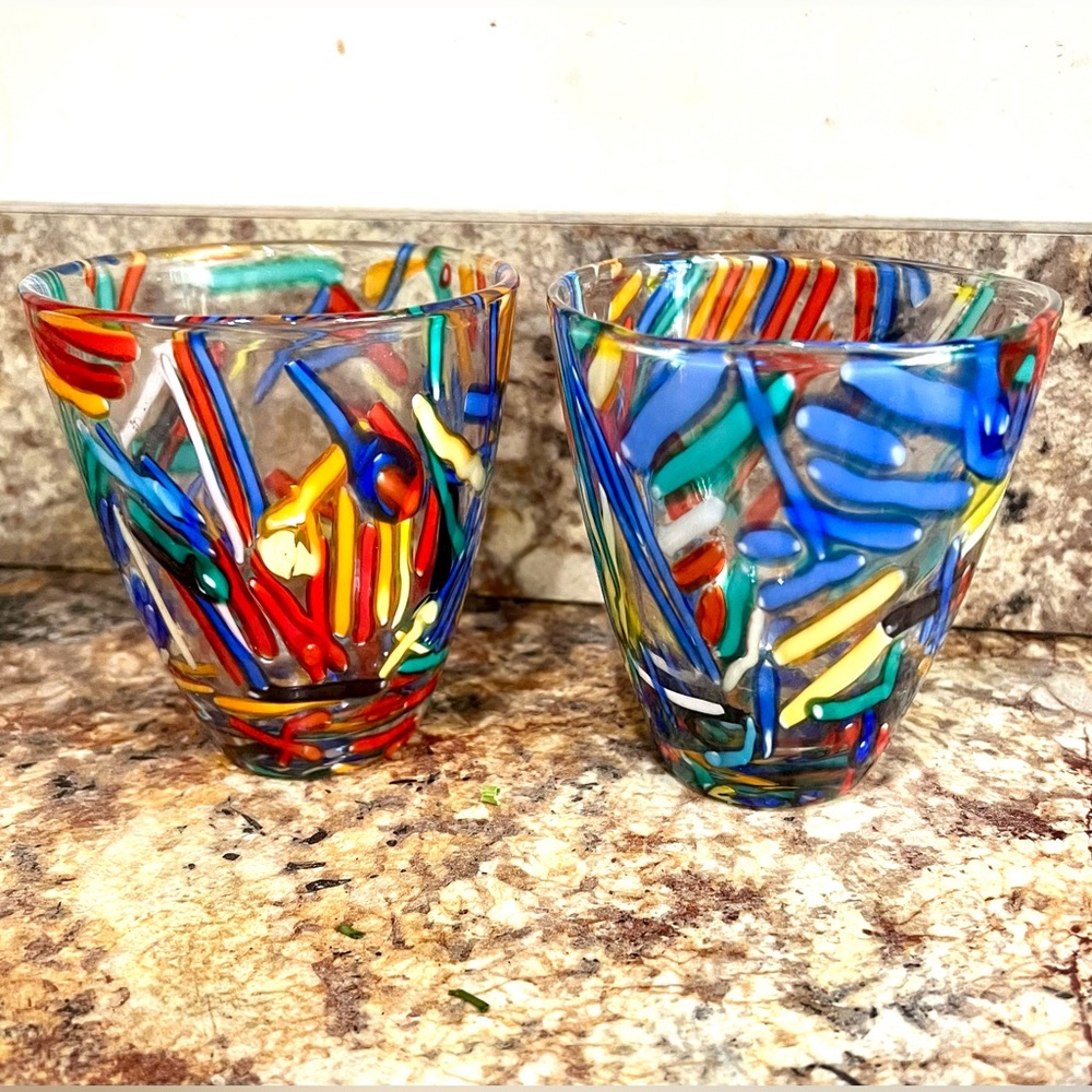 (2) Design Guild Fireworks Confetti Art Hand Blown Glass Cups